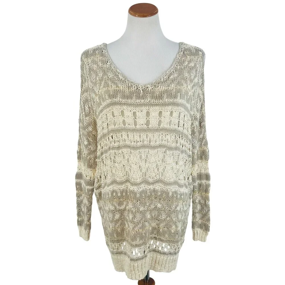 RARE NWT Free People Ivory Metallic Shimmer Slouchy On-Off Shoulder Knit Sweater